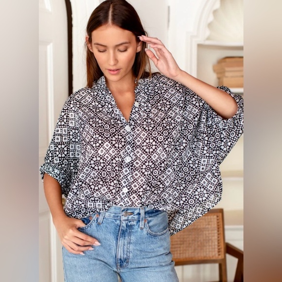 Emerson Fry Tops - Emerson Fry Mandarin Collar Top, Daisy Check, Black/White, Button Down Front, OS